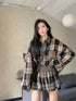 Women Casual Checker Shirts With Pleated Mini Skirts and Belt